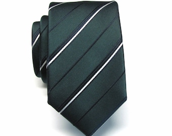 Mens Ties Dark Forest Green Navy Blue White Stripe Mens Necktie with Matching Pocket Square Option
