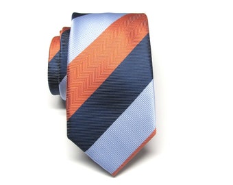Mens Ties. Blue Orange Stripe Narrow Neckties With Matching Pocket Square Option