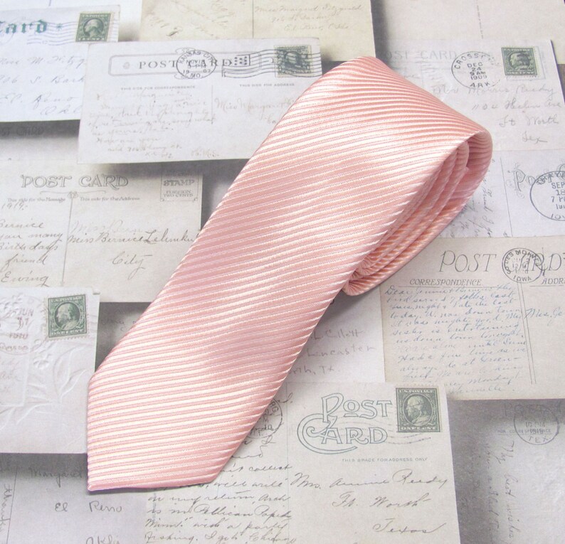 Peach Tie Mens Tie Pale Peach Stripes Skinny Necktie With Matching Pocket Squrae