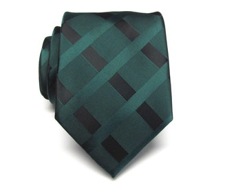 Mens Tie Dark Forest Green Black Plaid Necktie With Matching Pocket Square Option