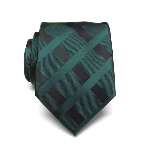 Mens Tie Dark Forest Green Black Plaid Narrow Necktie With Matching Pocket Square Option