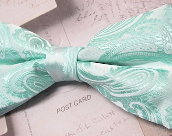 Mens Bowtie. Pastel Mint Green Paisley Bow Tie With Matching Pocket Square