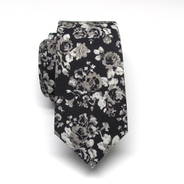 Cotton Mens Tie Cotton Black Gray Floral Skinny Necktie With Matching Pocket Square Option