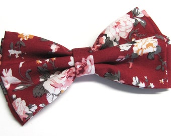 Cotton Mens Bowtie. Dark Red Burgundy Pink Floral Bow Tie With Matching Pocket Square Option