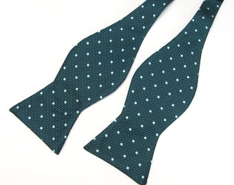 Mens Self Tie Bow Ties. Teal Green Black Dot Free Style Bowtie With Matching Pocket Square