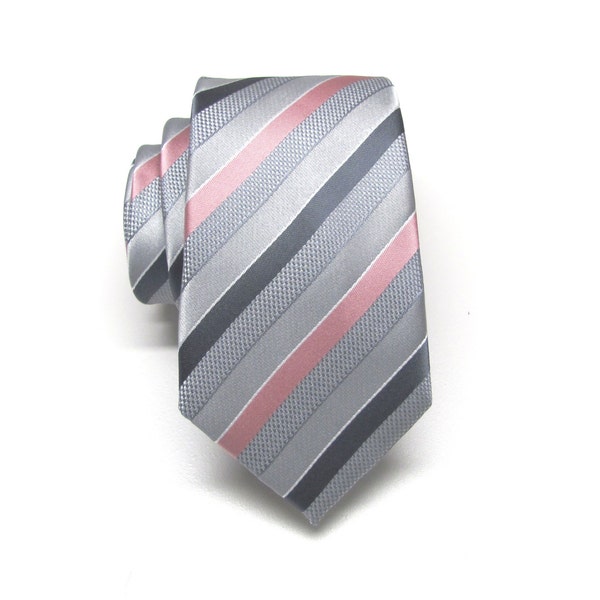 Mens Ties. Silver Gray Dusty Rose Pink Stripe Neckties With Matching Pocket Square Option