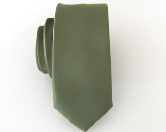 Necktie Martini Olive Drab Mens Skinny Tie With  Matching Pocket Square Handkerchief Option