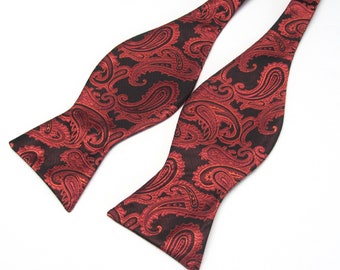 Free Style Mens Bow Tie Black Red Paisley Self Tie Bowties With Matching Pocket Square Option