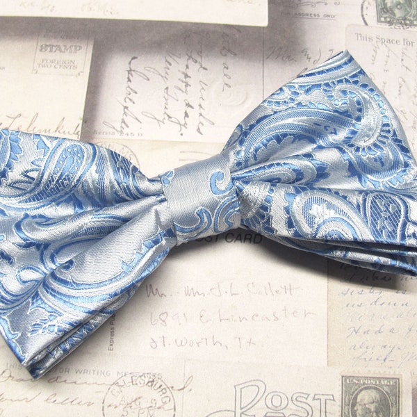 Mens Bowties Light Blue Periwinkle Blue Paisley Bow tie With Matching Pocket Square