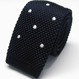 Knit Tie Navy Blue White Dot Silk Knitted Mens Necktie