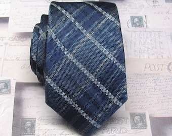 Blue Gray Plaid Slim Modern Fit Necktie with Matching Pocket Square Option