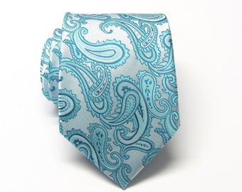 Mens Ties Turquoise Teal Blue Paisley Mens Silk Necktie Wedding ties. With Matching Pocket Square Option