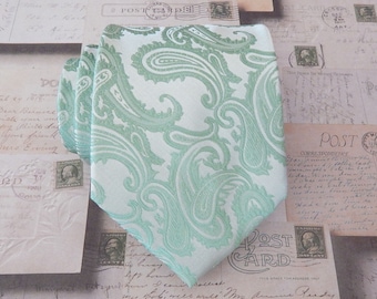 Mens Ties Dusty Mint Dusty Shale Green Pale Green Pastel Green Paisley Mens Silk Necktie Wedding ties. With Matching Pocket Square Option