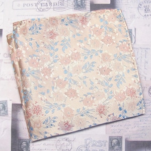 Pocket Square Pastel Pink Periwinkle Blue Floral on Pink Champagne Background Hanky Handkerchief