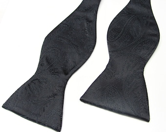 Free Style Mens Bow Tie. Black Paisley Self Tie Bowtie With Matching Pocket Square Option