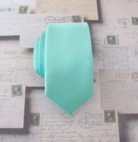 Turquoise Striped Satin Skinny Necktie Turquoise Striped Satin Skinny Necktie