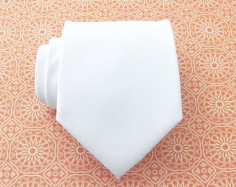 Mens Tie White Silk Necktie With Matching Pocket Square Handkerchief Option