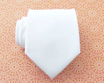 Mens Tie White Silk Necktie With Matching Pocket Square Handkerchief Option