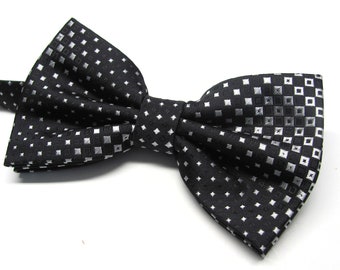 Mens Bowties Black Silver Bow Tie With Matching Pocket Square