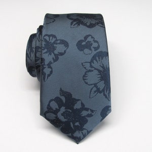 Dusty Blue Navy Blue Floral Slim Modern Fit Necktie with Matching Pocket Square Option. Wedding Ties.