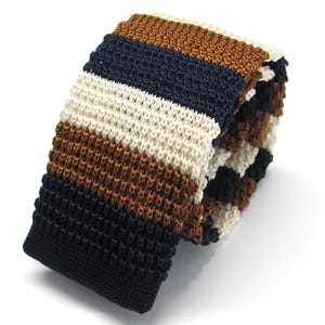Knit Tie Blue Brown Beige Striped Knitted Mens Necktie