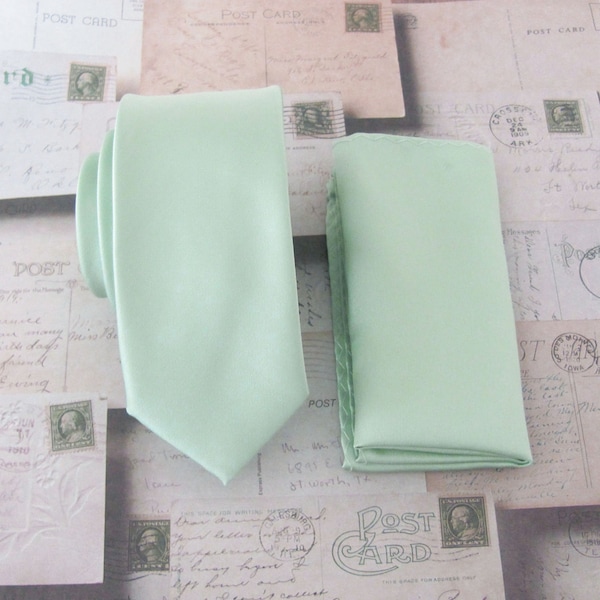 Mens Ties. Dusty Mint JCrew Inspired Dusty Shale Green Skinny Necktie With Matching Pocket Square Handkerchief Option