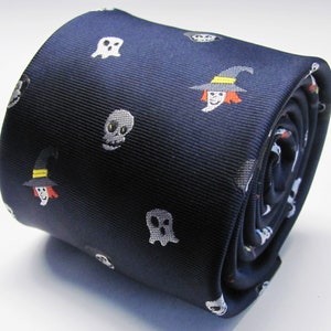 Navy Blue Tie With Halloween Ghost Skull Witch Design Necktie