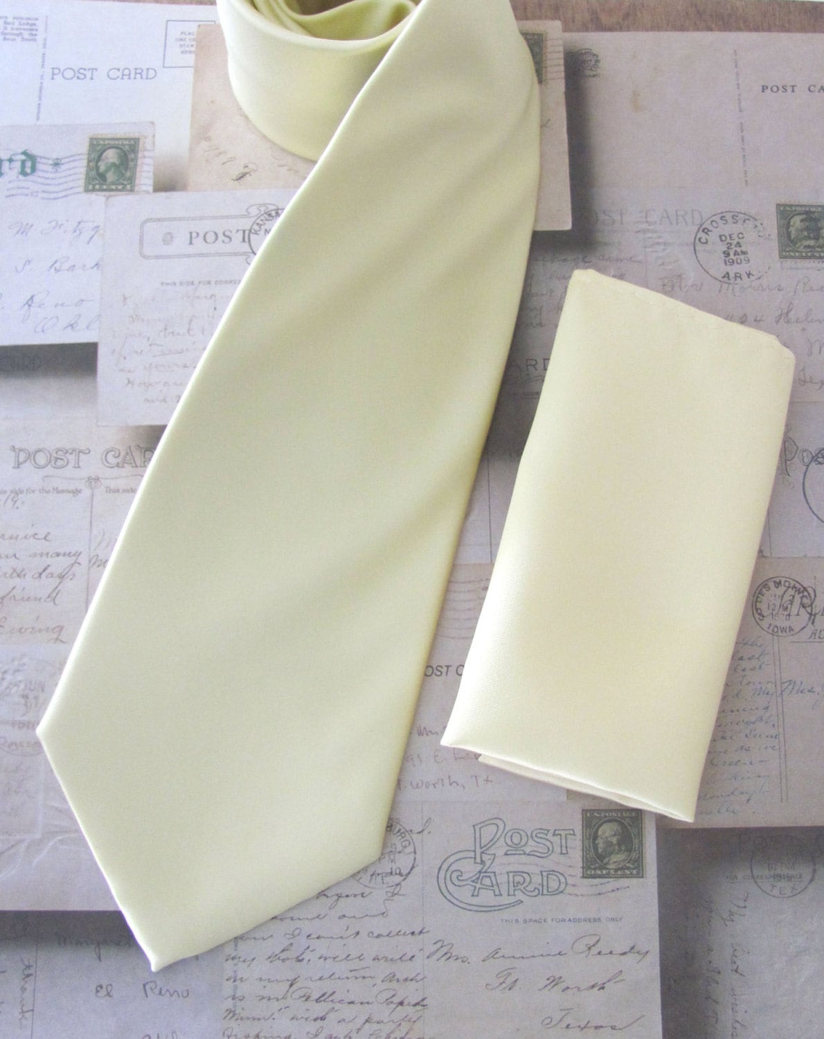 Yellow Tie With Matching Pocket Square Set Necktie Pastel Butter