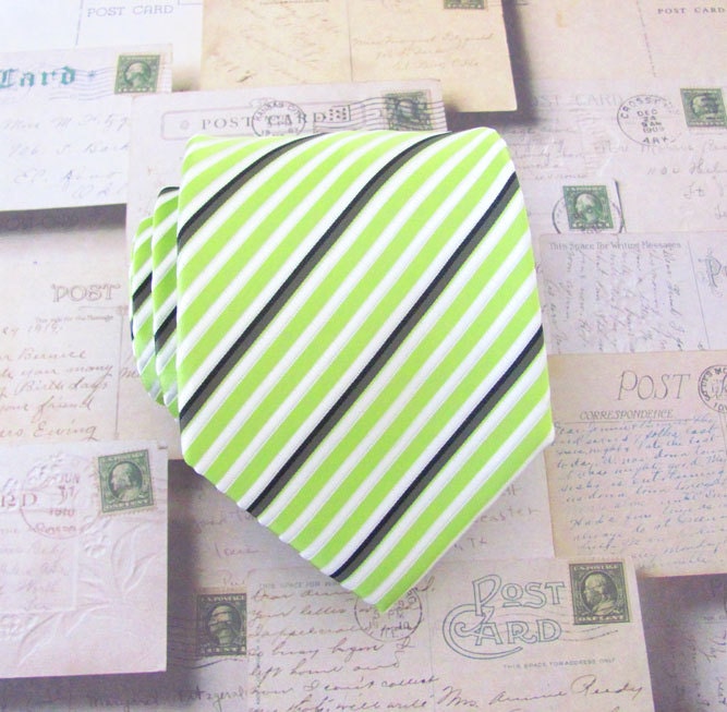 CLEARANCE SALE Necktie Green Black White Stripes Mens Tie