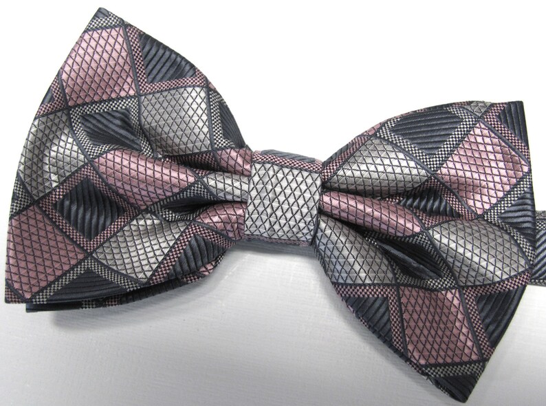 Mens Bowties. Dusty Rose Pink Gray Plaid Checkers Bow tie. With Matching Pocket Square Option image 1