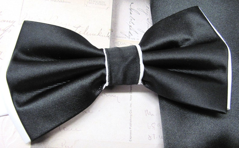 Mens Bow Ties. Black White Bow Tie. Wedding Bow Ties Black and White Bowtie With Matching Pocket Squares image 3