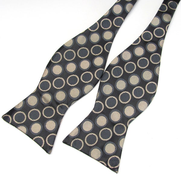 Mens Self Tie Bow Ties. Black Gray Gold Polka Dot Free Style Bowtie With Matching Pocket Square