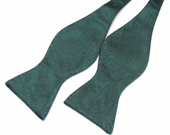 Free Style Mens Bow Tie Dark Forest Green Paisley Self Tie Bowtie With Matching Pocket Square Option