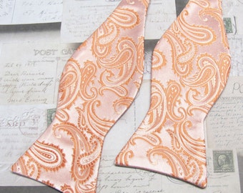 Free Style Mens Bow Tie. Orange Peach Paisley Self Tie Bowties With Matching Pocket Square Option