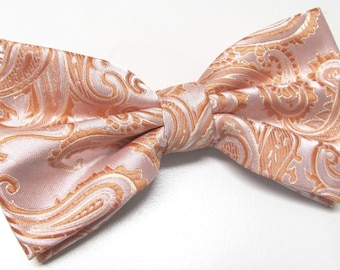 Mens Bowties. Coral Peach Paisley Bow tie With Matching Pocket Square