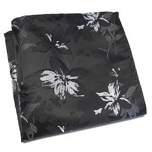 Pocket Square Black Gray Silver Floral Hanky Handkerchief