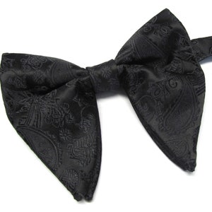 May include: A black bow tie with a paisley pattern.