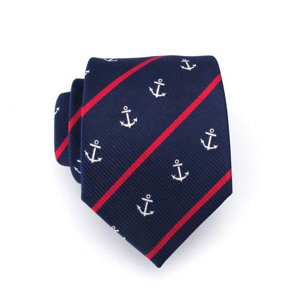 Mens Tie Navy Blue Anchor Nautical Stripe Silk Necktie With Matching Pocket Square Option