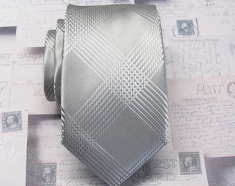 Mens Ties Gray Silver Plaid Slim Silk Necktie With Handkerchief Option