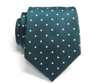 Mens Tie. Peacock Teal Green Sea Glass Blue Dot Mens Necktie with Matching Pocket Square Option