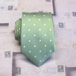 CLEARANCE SALE Mens Tie Dusty Sage Green White Dot Narrow Necktie