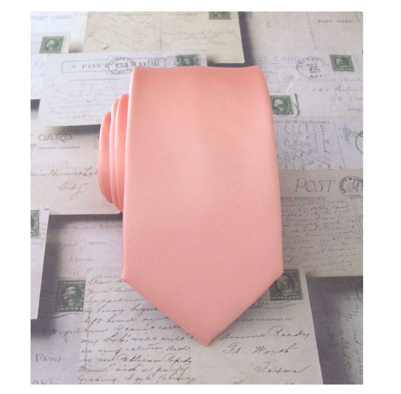 Mens Tie. Peach Tie With Matching Pocket Square Coral Peach Salmon