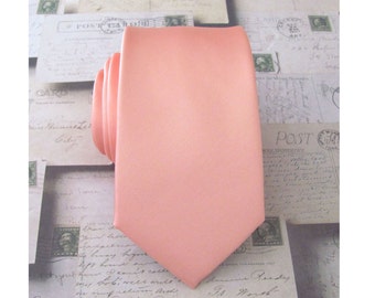 Mens Tie. Peach Tie With Matching Pocket Square Coral Peach Salmon Peach Narrow Tie.  Neckties With Matching Pocket Square