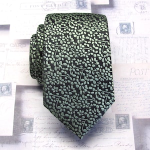 Sage Green Floral on Black Slim Modern Fit Necktie with Matching Pocket Square Option. Wedding Ties.