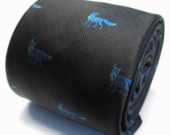 Black Woven Tie With Blue Green Fox Design Necktie