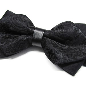CLEARANCE SALE Mens Bowtie. Black Paisley Diamond Shaped Two Layers Bowtie With Black Pocket Square