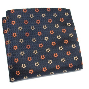 Pocket Square Navy Blue Taupe Copper Rust Orange Floral Hanky Handkerchief