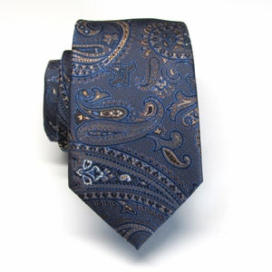 Blue Brown Paisley Narrow Modern Fit Necktie with Matching Pocket Square Option