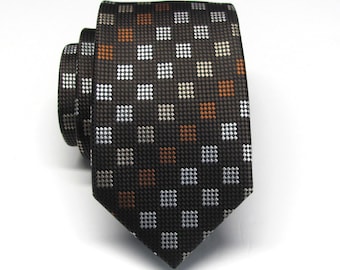 Brown Silver Taupe Copper Rust Checkers Slim Necktie with Matching Pocket Square Option