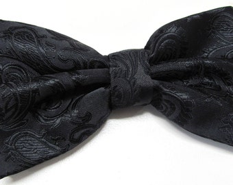Mens Bowties. Black Paisley Bow tie With Matching Pocket Square Option
